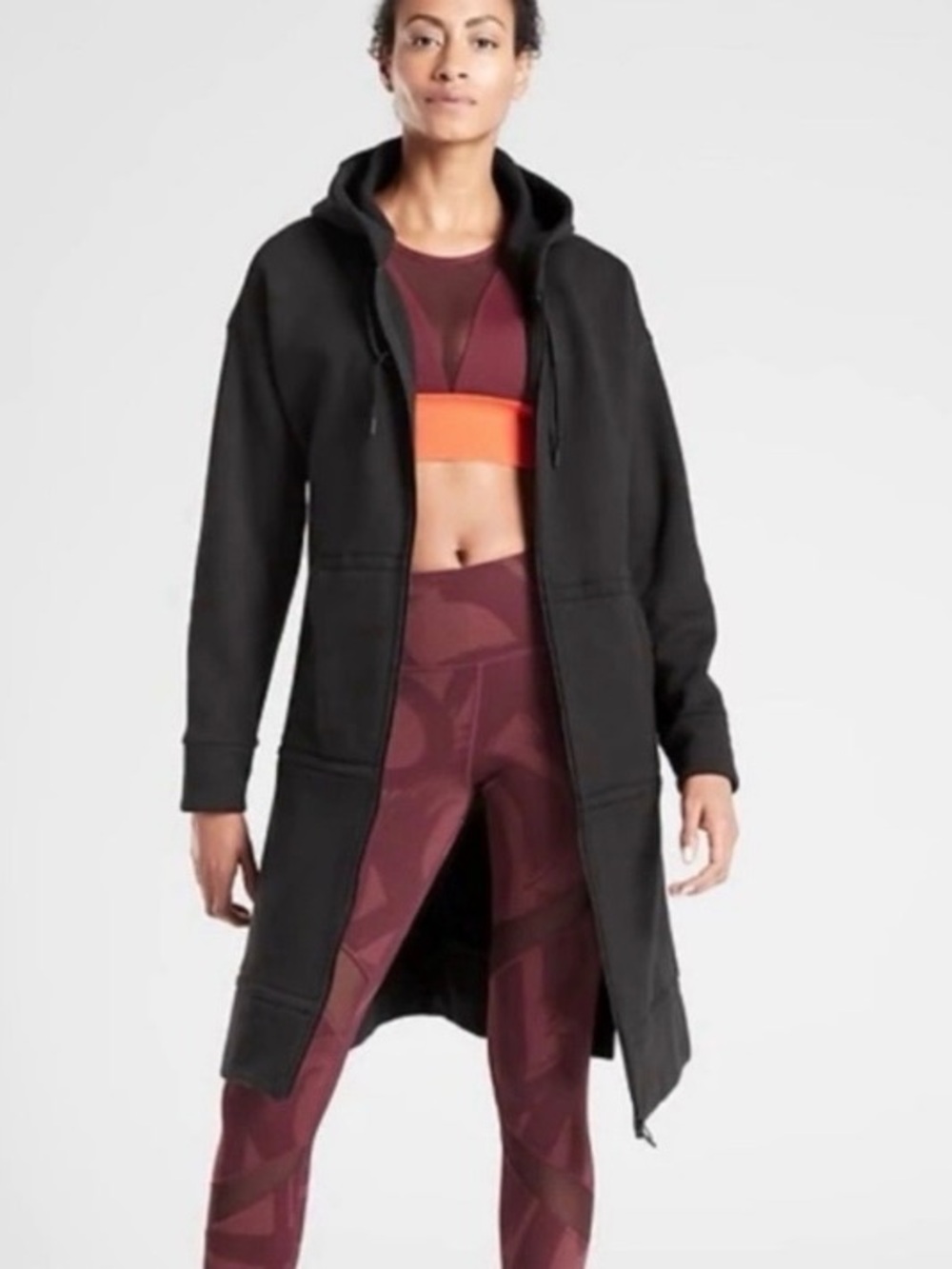 Athleta Long Black Hooded Zip-Front Women's Jacket